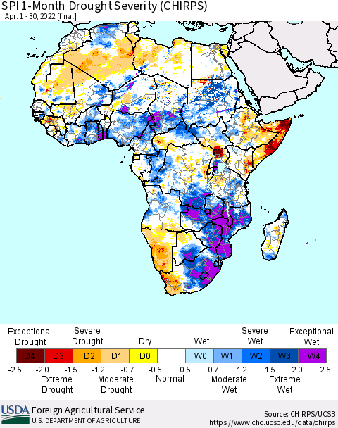 Africa SPI 1-Month Drought Severity (CHIRPS) Thematic Map For 4/1/2022 - 4/30/2022
