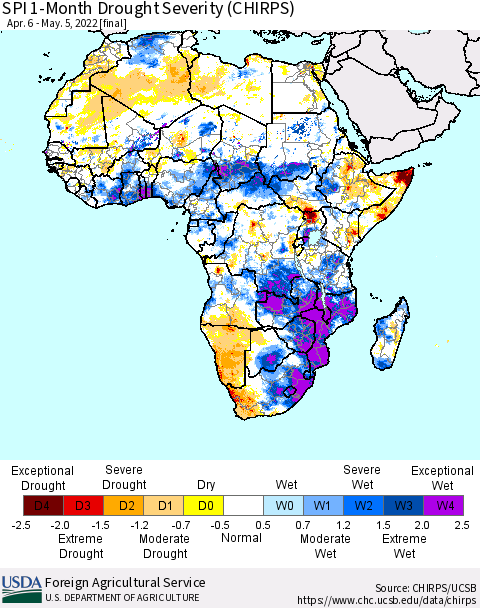 Africa SPI 1-Month Drought Severity (CHIRPS) Thematic Map For 4/6/2022 - 5/5/2022