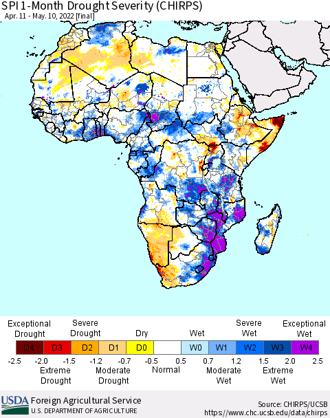 Africa SPI 1-Month Drought Severity (CHIRPS) Thematic Map For 4/11/2022 - 5/10/2022