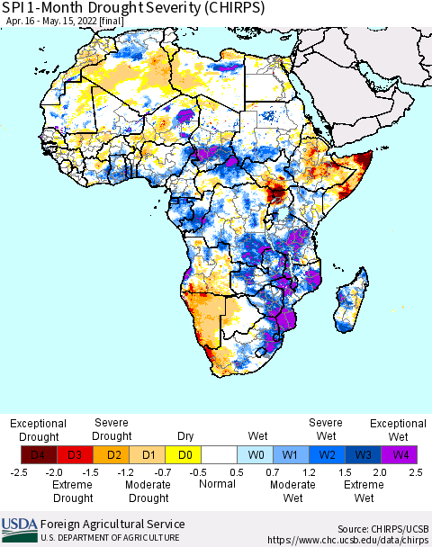 Africa SPI 1-Month Drought Severity (CHIRPS) Thematic Map For 4/16/2022 - 5/15/2022