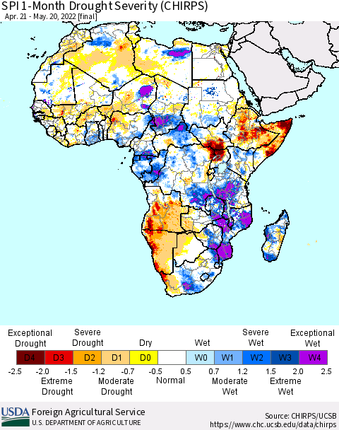 Africa SPI 1-Month Drought Severity (CHIRPS) Thematic Map For 4/21/2022 - 5/20/2022