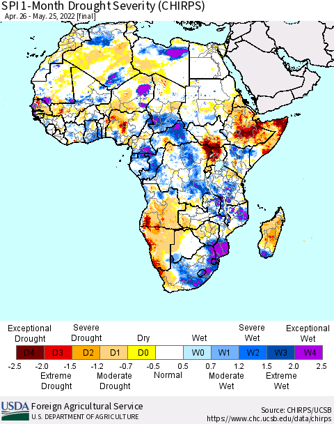 Africa SPI 1-Month Drought Severity (CHIRPS) Thematic Map For 4/26/2022 - 5/25/2022