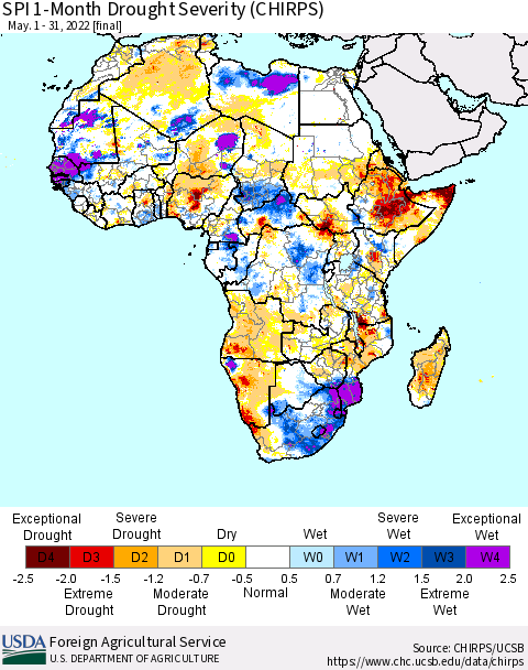 Africa SPI 1-Month Drought Severity (CHIRPS) Thematic Map For 5/1/2022 - 5/31/2022
