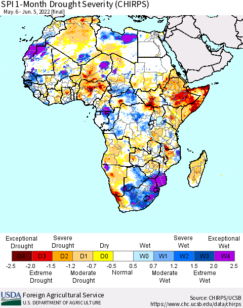 Africa SPI 1-Month Drought Severity (CHIRPS) Thematic Map For 5/6/2022 - 6/5/2022