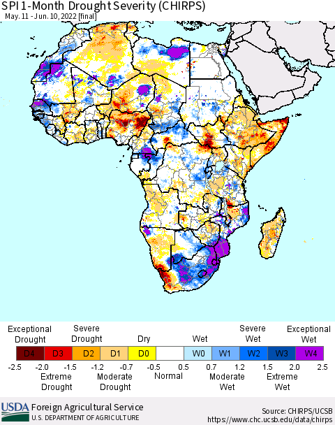 Africa SPI 1-Month Drought Severity (CHIRPS) Thematic Map For 5/11/2022 - 6/10/2022