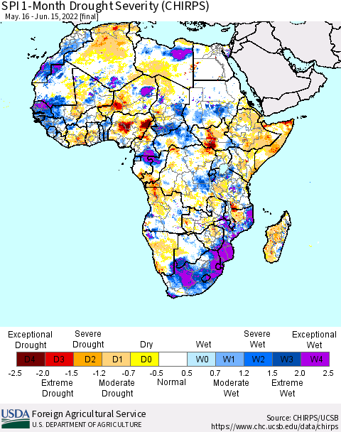 Africa SPI 1-Month Drought Severity (CHIRPS) Thematic Map For 5/16/2022 - 6/15/2022
