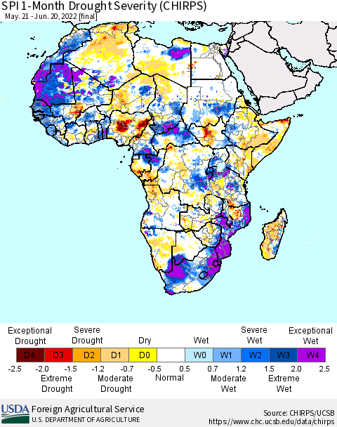 Africa SPI 1-Month Drought Severity (CHIRPS) Thematic Map For 5/21/2022 - 6/20/2022
