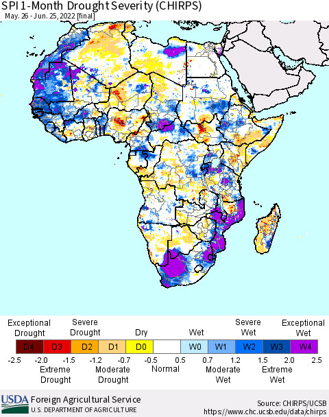 Africa SPI 1-Month Drought Severity (CHIRPS) Thematic Map For 5/26/2022 - 6/25/2022