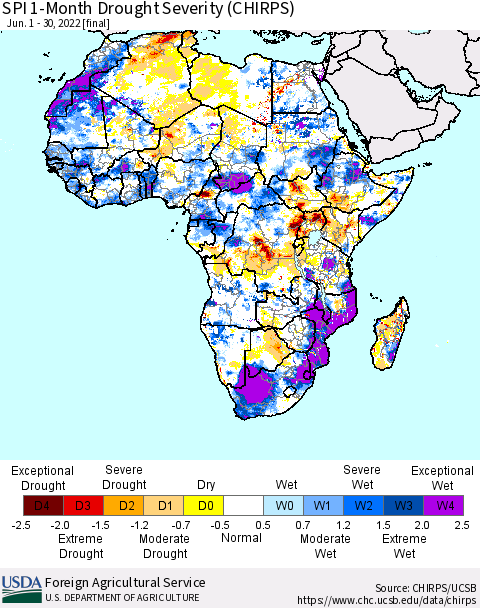 Africa SPI 1-Month Drought Severity (CHIRPS) Thematic Map For 6/1/2022 - 6/30/2022
