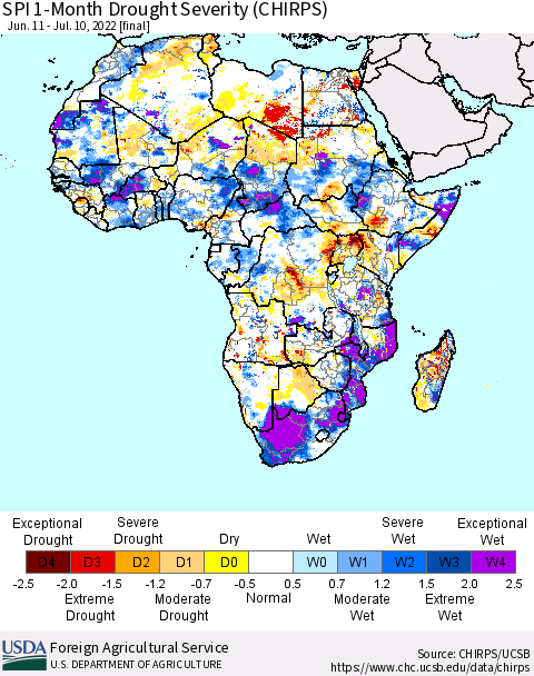 Africa SPI 1-Month Drought Severity (CHIRPS) Thematic Map For 6/11/2022 - 7/10/2022