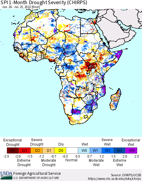 Africa SPI 1-Month Drought Severity (CHIRPS) Thematic Map For 6/26/2022 - 7/25/2022