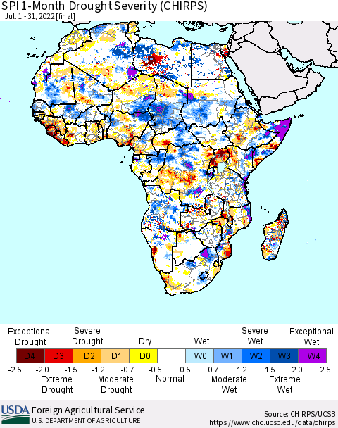 Africa SPI 1-Month Drought Severity (CHIRPS) Thematic Map For 7/1/2022 - 7/31/2022