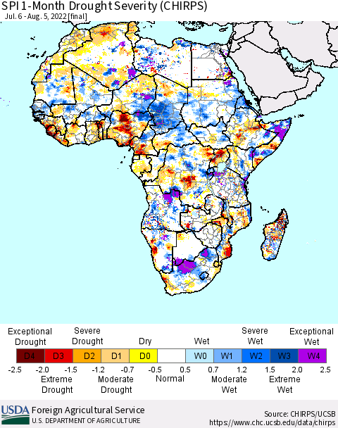 Africa SPI 1-Month Drought Severity (CHIRPS) Thematic Map For 7/6/2022 - 8/5/2022