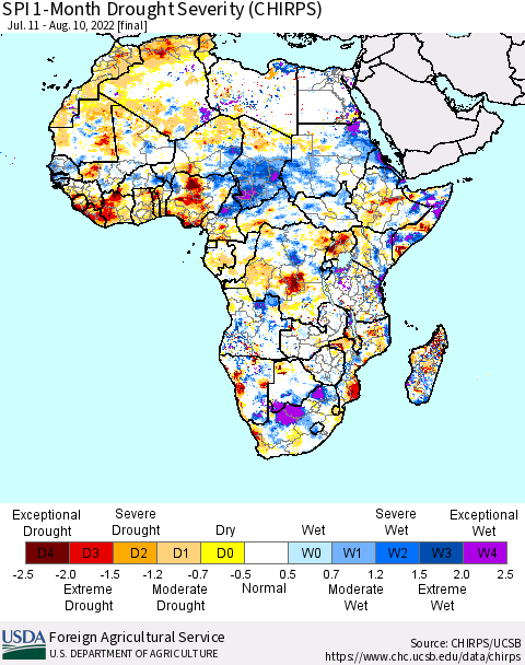 Africa SPI 1-Month Drought Severity (CHIRPS) Thematic Map For 7/11/2022 - 8/10/2022