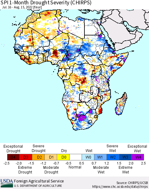 Africa SPI 1-Month Drought Severity (CHIRPS) Thematic Map For 7/16/2022 - 8/15/2022