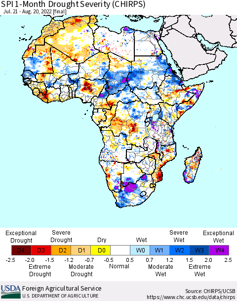 Africa SPI 1-Month Drought Severity (CHIRPS) Thematic Map For 7/21/2022 - 8/20/2022