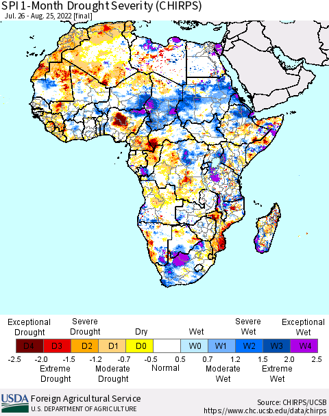 Africa SPI 1-Month Drought Severity (CHIRPS) Thematic Map For 7/26/2022 - 8/25/2022