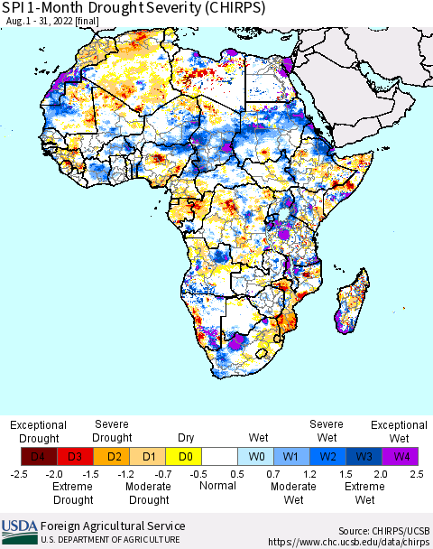 Africa SPI 1-Month Drought Severity (CHIRPS) Thematic Map For 8/1/2022 - 8/31/2022