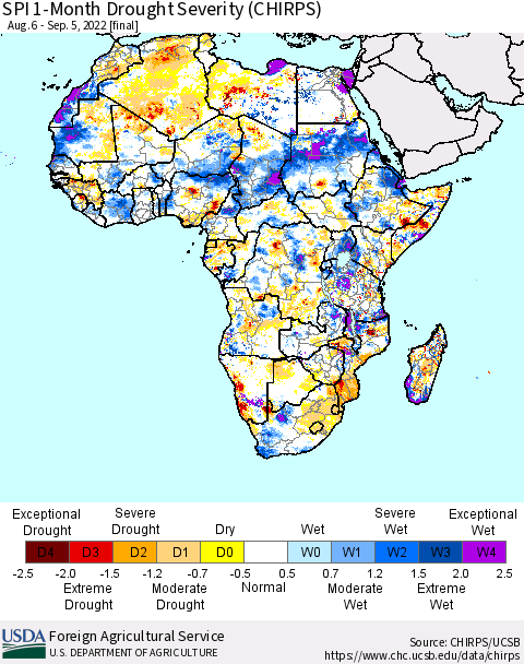 Africa SPI 1-Month Drought Severity (CHIRPS) Thematic Map For 8/6/2022 - 9/5/2022