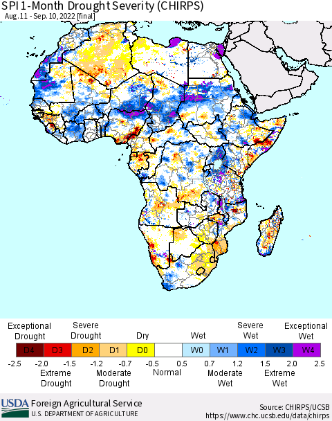 Africa SPI 1-Month Drought Severity (CHIRPS) Thematic Map For 8/11/2022 - 9/10/2022