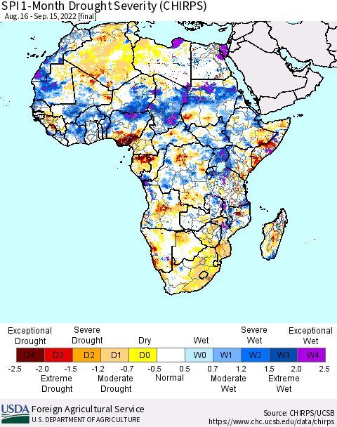 Africa SPI 1-Month Drought Severity (CHIRPS) Thematic Map For 8/16/2022 - 9/15/2022