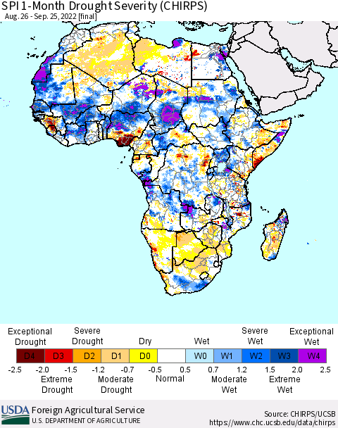 Africa SPI 1-Month Drought Severity (CHIRPS) Thematic Map For 8/26/2022 - 9/25/2022