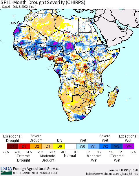 Africa SPI 1-Month Drought Severity (CHIRPS) Thematic Map For 9/6/2022 - 10/5/2022