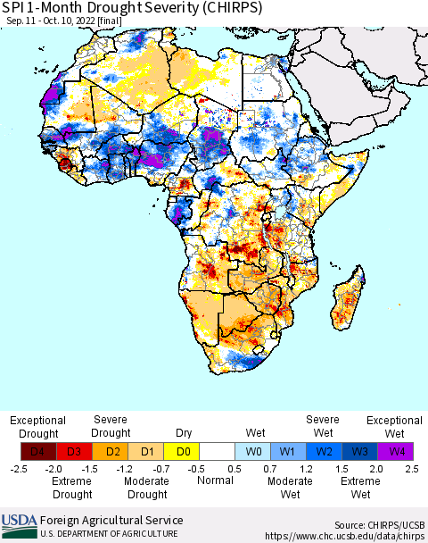 Africa SPI 1-Month Drought Severity (CHIRPS) Thematic Map For 9/11/2022 - 10/10/2022
