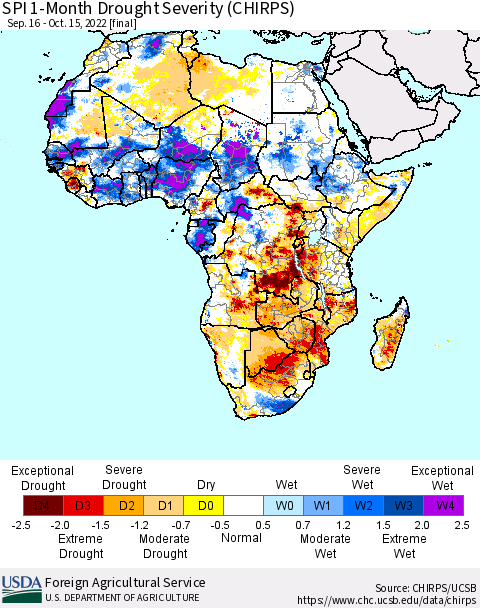 Africa SPI 1-Month Drought Severity (CHIRPS) Thematic Map For 9/16/2022 - 10/15/2022