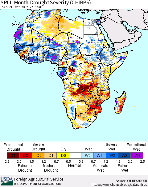 Africa SPI 1-Month Drought Severity (CHIRPS) Thematic Map For 9/21/2022 - 10/20/2022