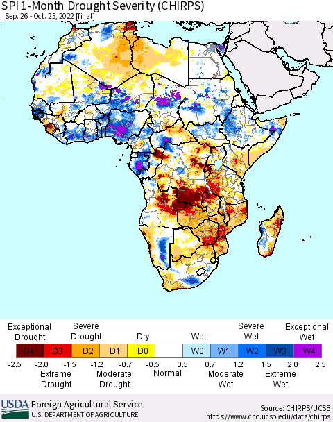 Africa SPI 1-Month Drought Severity (CHIRPS) Thematic Map For 9/26/2022 - 10/25/2022