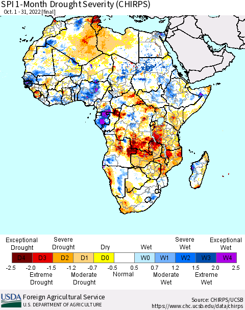 Africa SPI 1-Month Drought Severity (CHIRPS) Thematic Map For 10/1/2022 - 10/31/2022