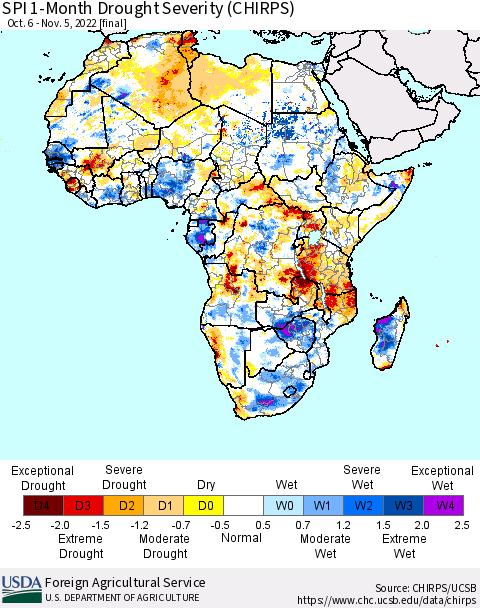 Africa SPI 1-Month Drought Severity (CHIRPS) Thematic Map For 10/6/2022 - 11/5/2022
