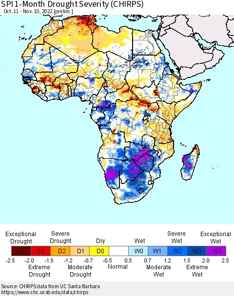 Africa SPI 1-Month Drought Severity (CHIRPS) Thematic Map For 10/11/2022 - 11/10/2022