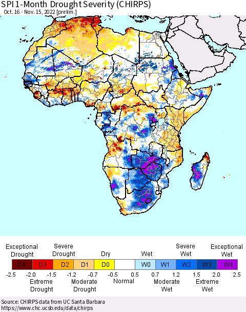 Africa SPI 1-Month Drought Severity (CHIRPS) Thematic Map For 10/16/2022 - 11/15/2022
