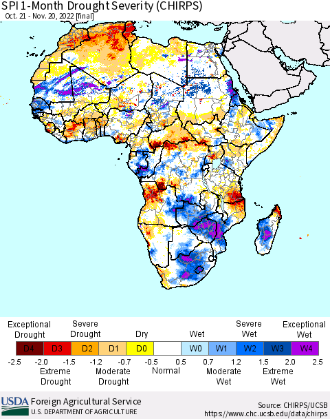 Africa SPI 1-Month Drought Severity (CHIRPS) Thematic Map For 10/21/2022 - 11/20/2022