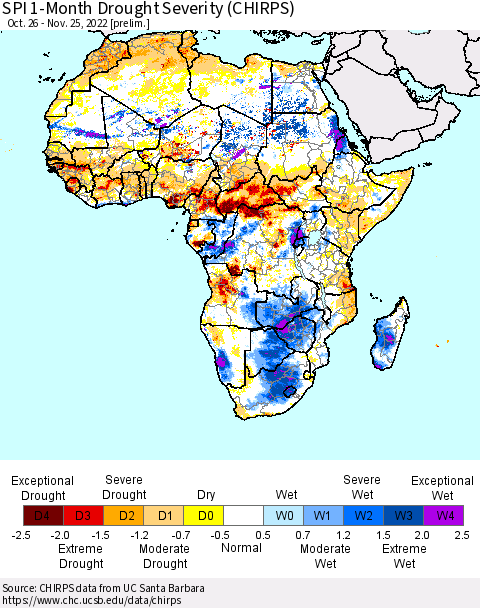 Africa SPI 1-Month Drought Severity (CHIRPS) Thematic Map For 10/26/2022 - 11/25/2022