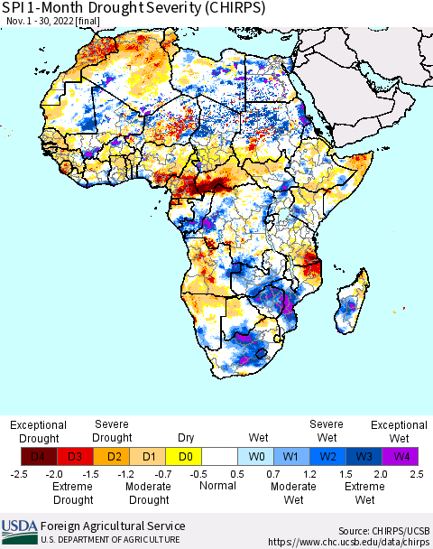 Africa SPI 1-Month Drought Severity (CHIRPS) Thematic Map For 11/1/2022 - 11/30/2022