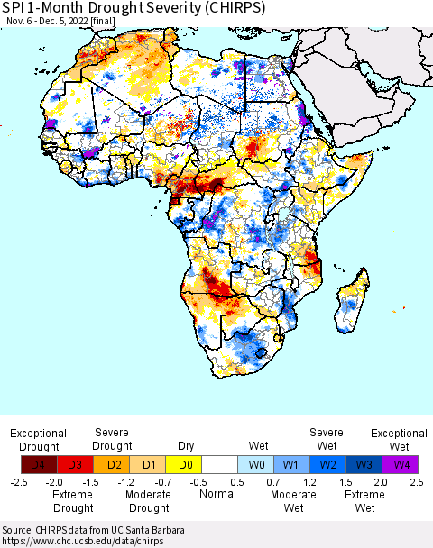 Africa SPI 1-Month Drought Severity (CHIRPS) Thematic Map For 11/6/2022 - 12/5/2022