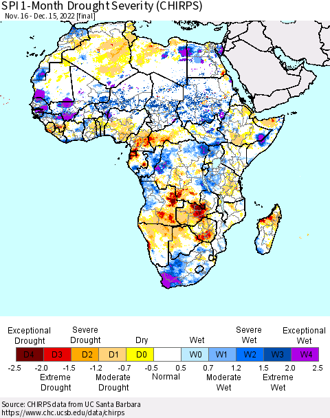 Africa SPI 1-Month Drought Severity (CHIRPS) Thematic Map For 11/16/2022 - 12/15/2022
