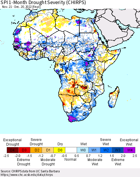 Africa SPI 1-Month Drought Severity (CHIRPS) Thematic Map For 11/21/2022 - 12/20/2022
