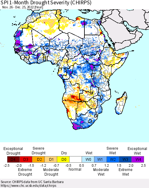 Africa SPI 1-Month Drought Severity (CHIRPS) Thematic Map For 11/26/2022 - 12/25/2022