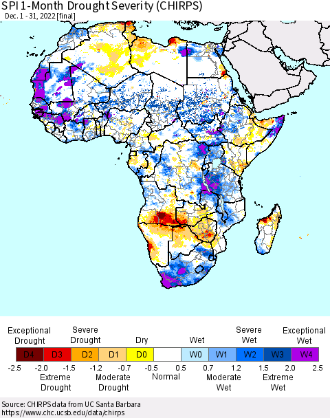 Africa SPI 1-Month Drought Severity (CHIRPS) Thematic Map For 12/1/2022 - 12/31/2022