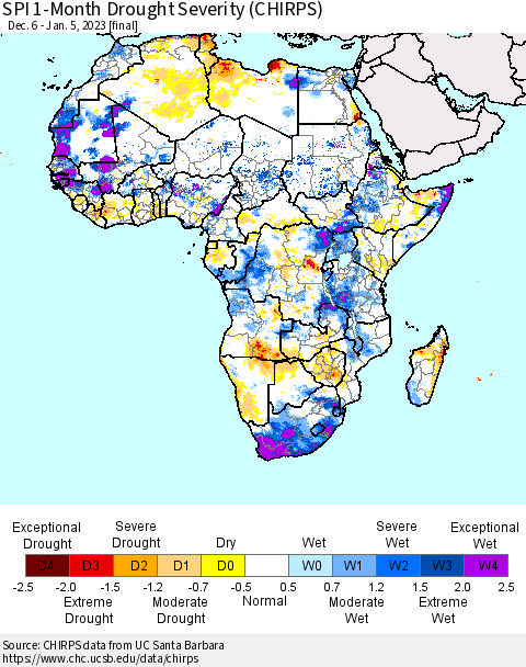 Africa SPI 1-Month Drought Severity (CHIRPS) Thematic Map For 12/6/2022 - 1/5/2023