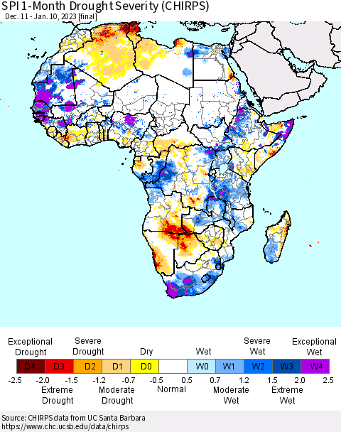 Africa SPI 1-Month Drought Severity (CHIRPS) Thematic Map For 12/11/2022 - 1/10/2023