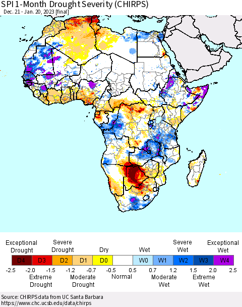 Africa SPI 1-Month Drought Severity (CHIRPS) Thematic Map For 12/21/2022 - 1/20/2023