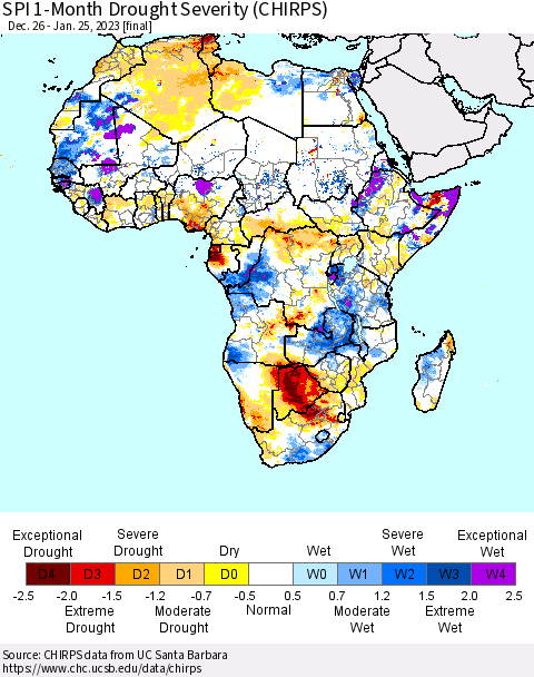 Africa SPI 1-Month Drought Severity (CHIRPS) Thematic Map For 12/26/2022 - 1/25/2023