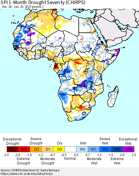 Africa SPI 1-Month Drought Severity (CHIRPS) Thematic Map For 12/26/2022 - 1/25/2023
