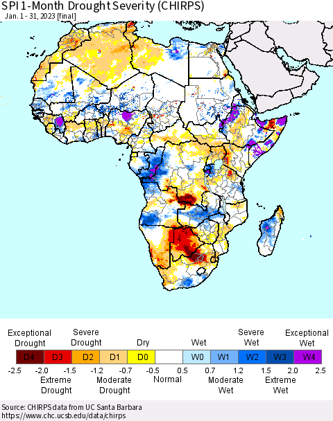 Africa SPI 1-Month Drought Severity (CHIRPS) Thematic Map For 1/1/2023 - 1/31/2023
