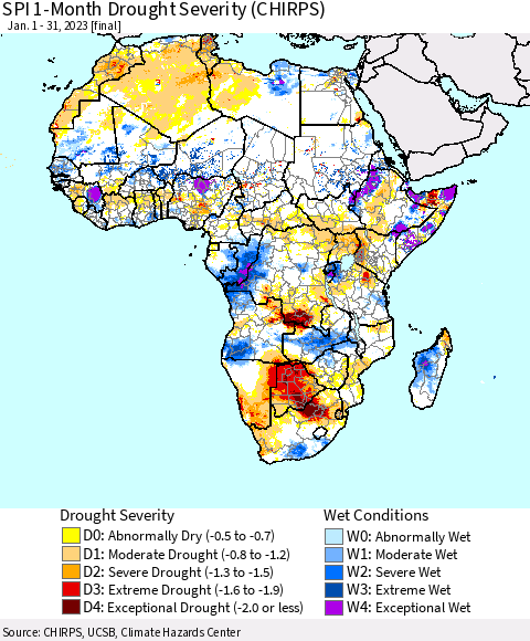 Africa SPI 1-Month Drought Severity (CHIRPS) Thematic Map For 1/1/2023 - 1/31/2023